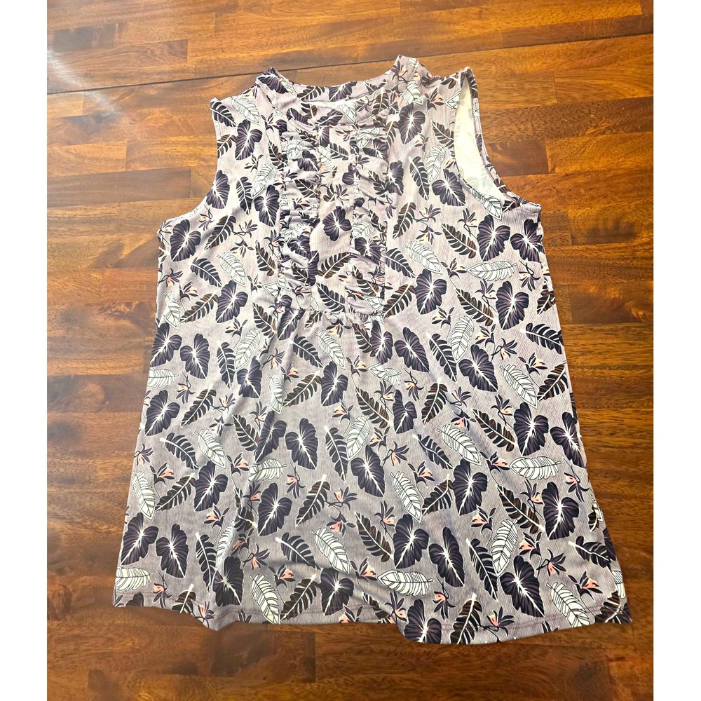 NY Collection Womens M Gray Tropical Floral V-Neck Tank Ruffle Poly/Span 073